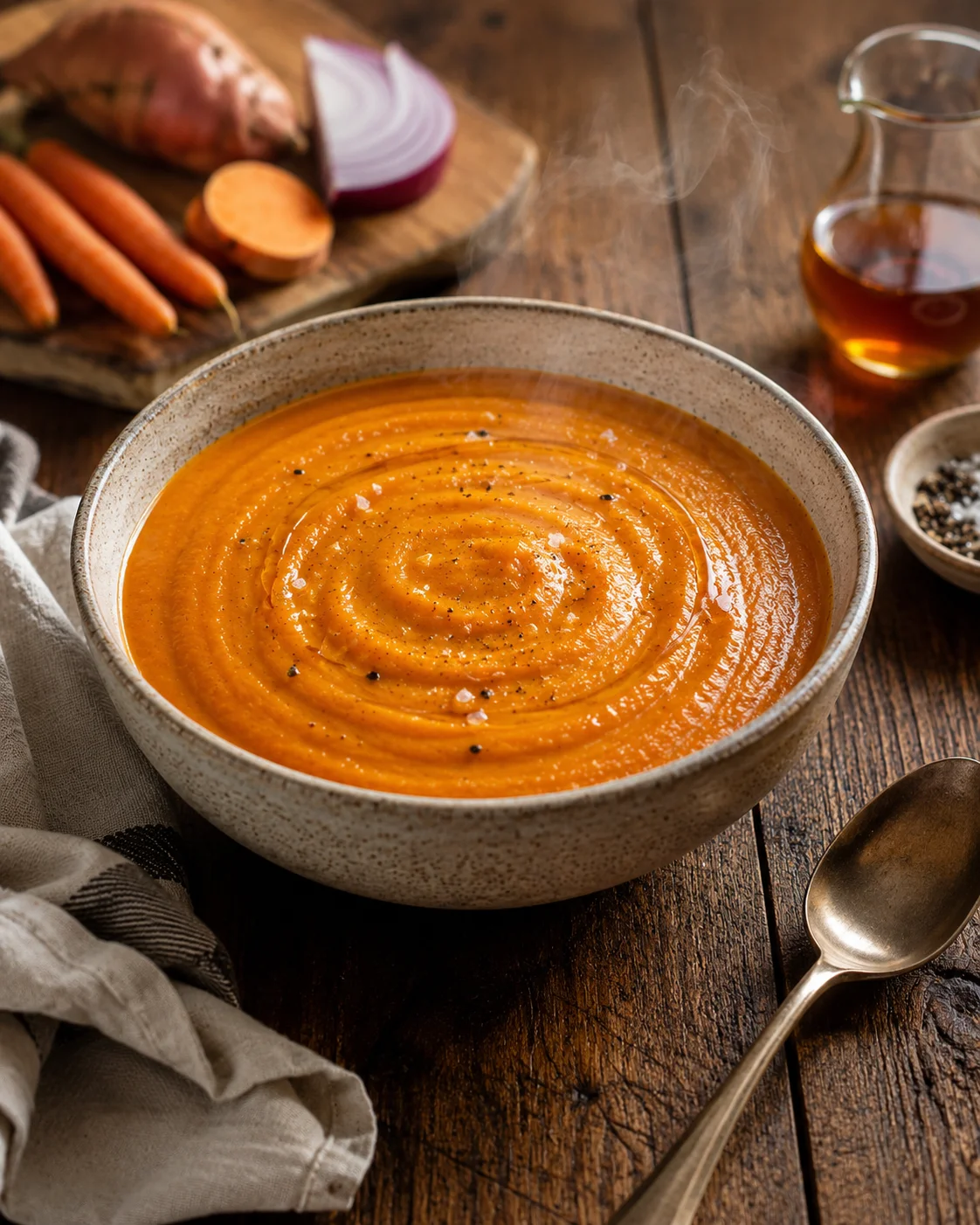 bowl of steaming carrot soup with swirled surface on rustic wooden table