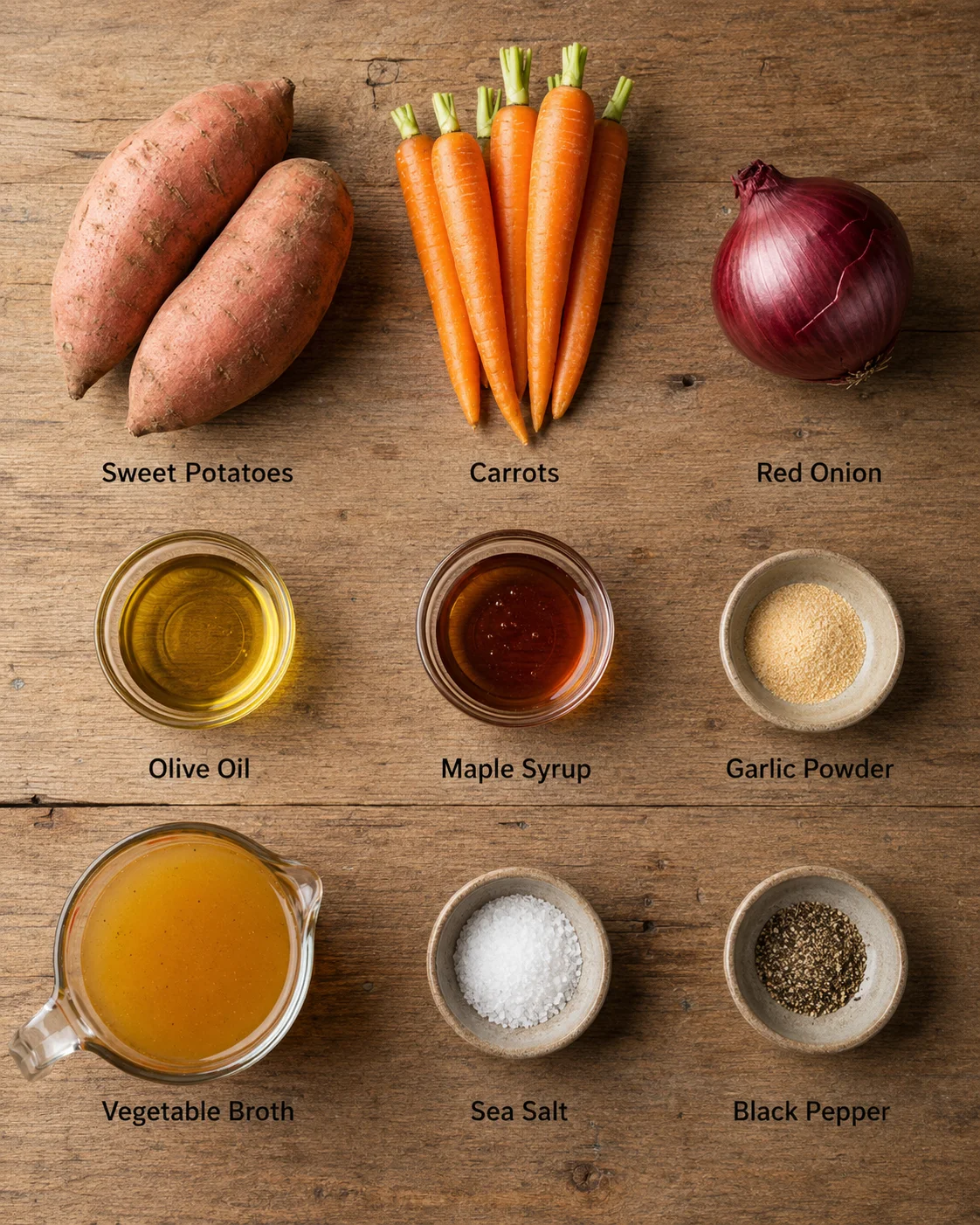 Overhead view of labeled root-vegetable ingredients arranged on a rustic wooden board.