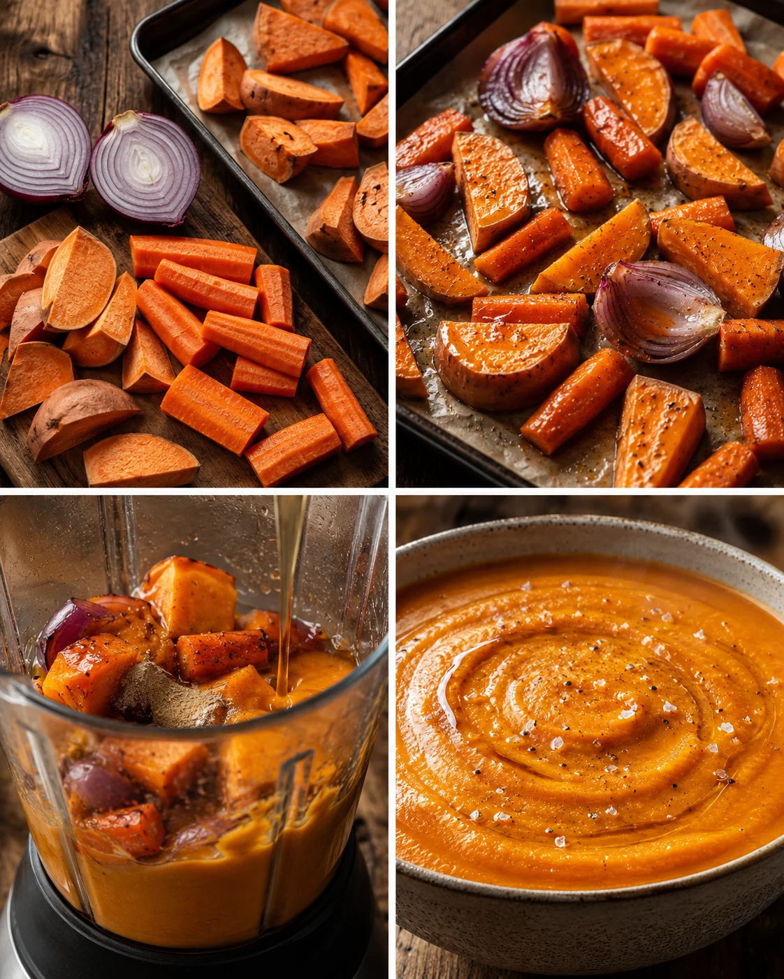 Collage showing orange sweet potatoes and red onions cut, roasted on a tray, blended into orange puree.