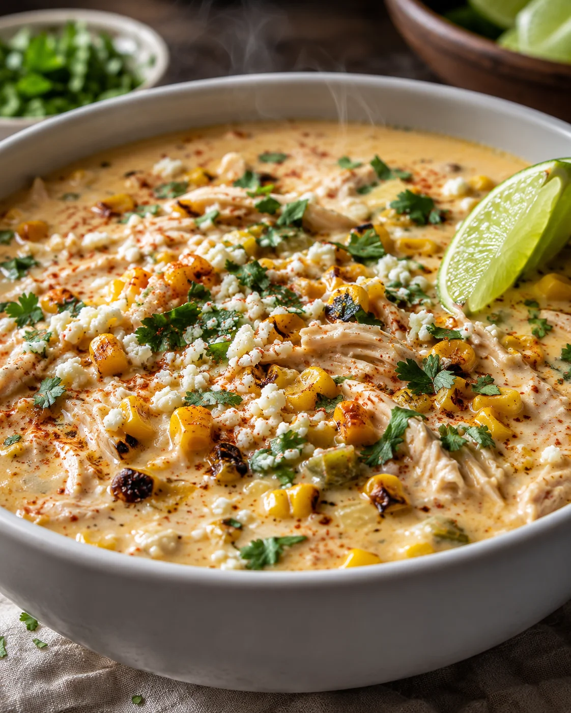 Mexican Street Corn Soup A bowl of creamy Mexican street corn soup garnished with lime, cheese, and cilantro.