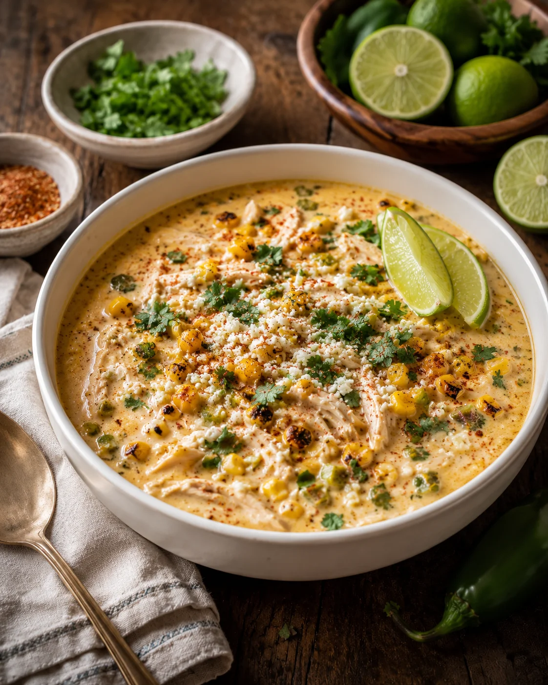 Creamy corn and chicken soup in a white bowl, topped with cilantro and lime wedge.