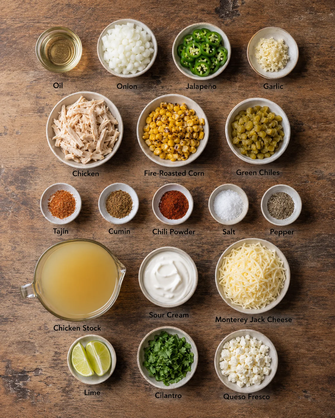 Overhead view of bowls with onions, jalapeños, garlic, chicken, corn, chiles, spices, stock, dairy, lime, cilantro, and queso fresco arranged on a wooden table.