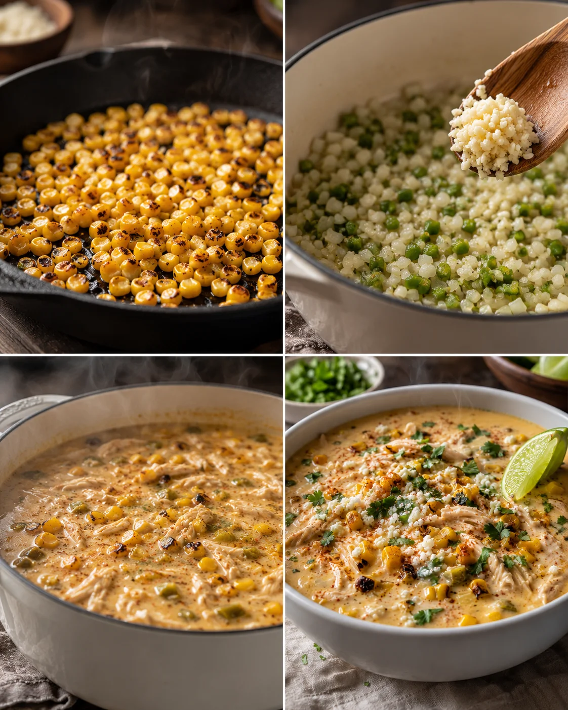 Four-panel collage showing roasted corn, cauliflower rice with peas, and two bowls of creamy corn dishes.