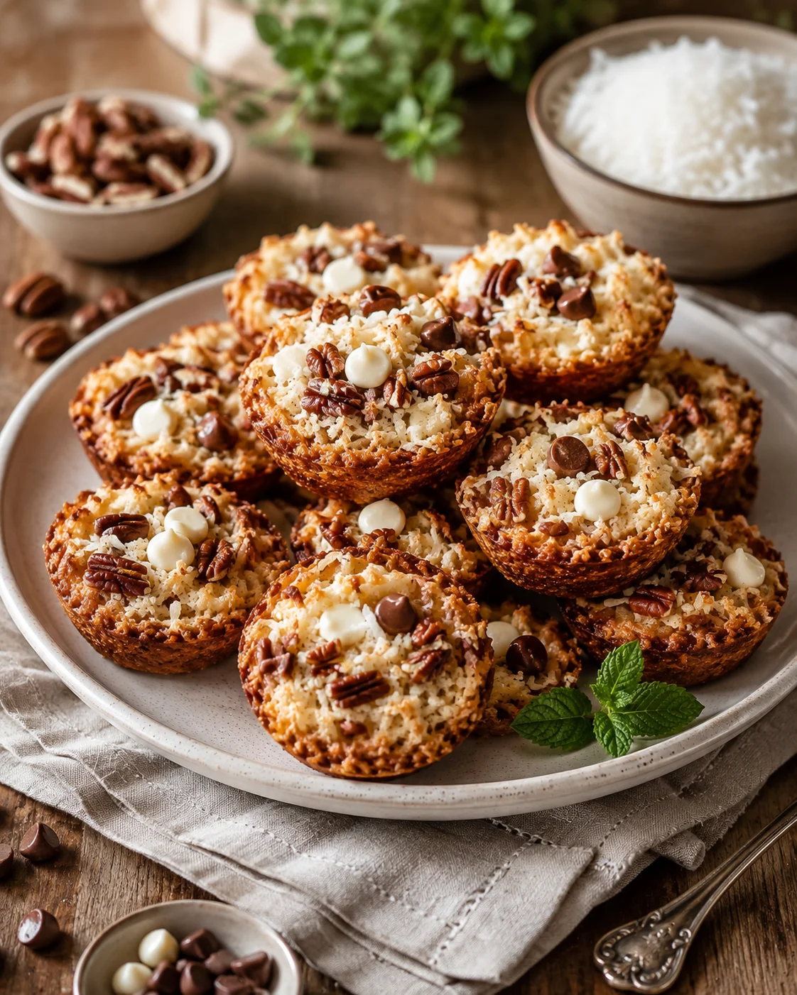 Stack of coconut-pecan macaroon cups with white chocolate chips on a plate.