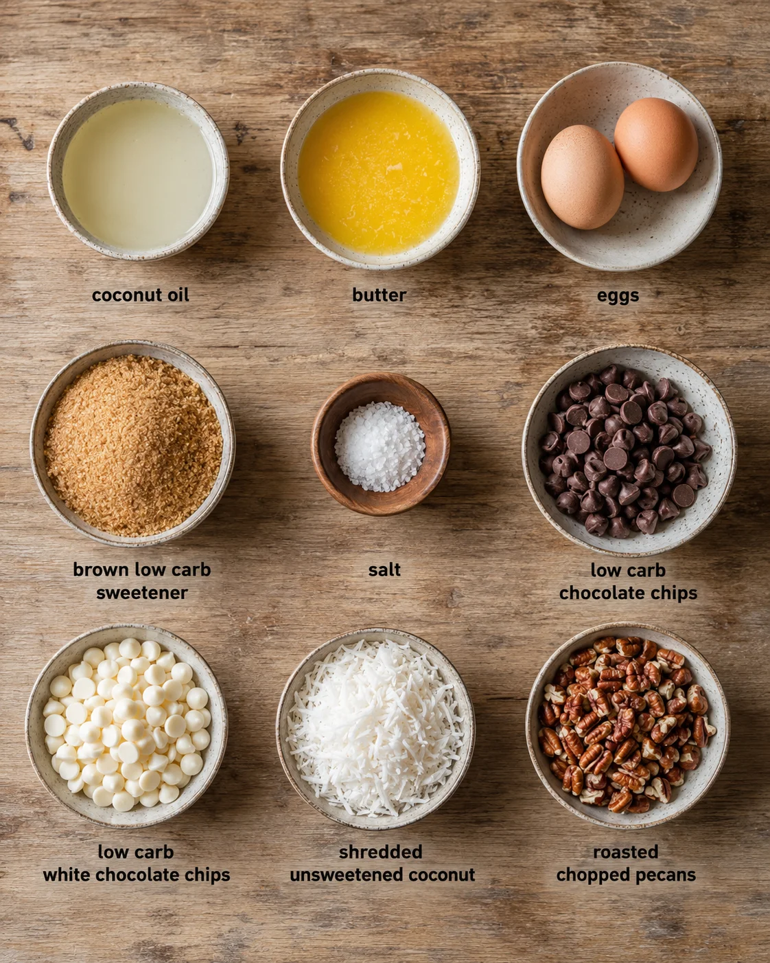 overhead view of bowls containing coconut oil, melted butter, eggs, sweetener, salt, chips, and nuts on a wooden tabletop