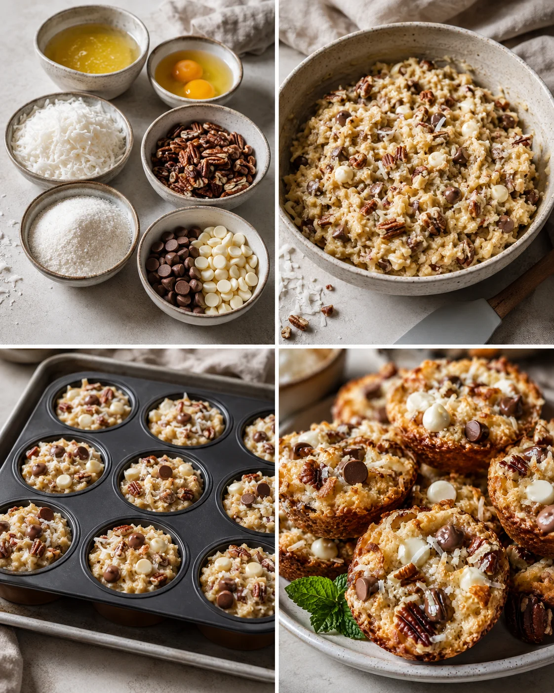 collage of ingredients and baked muffins with pecans and chocolate chips