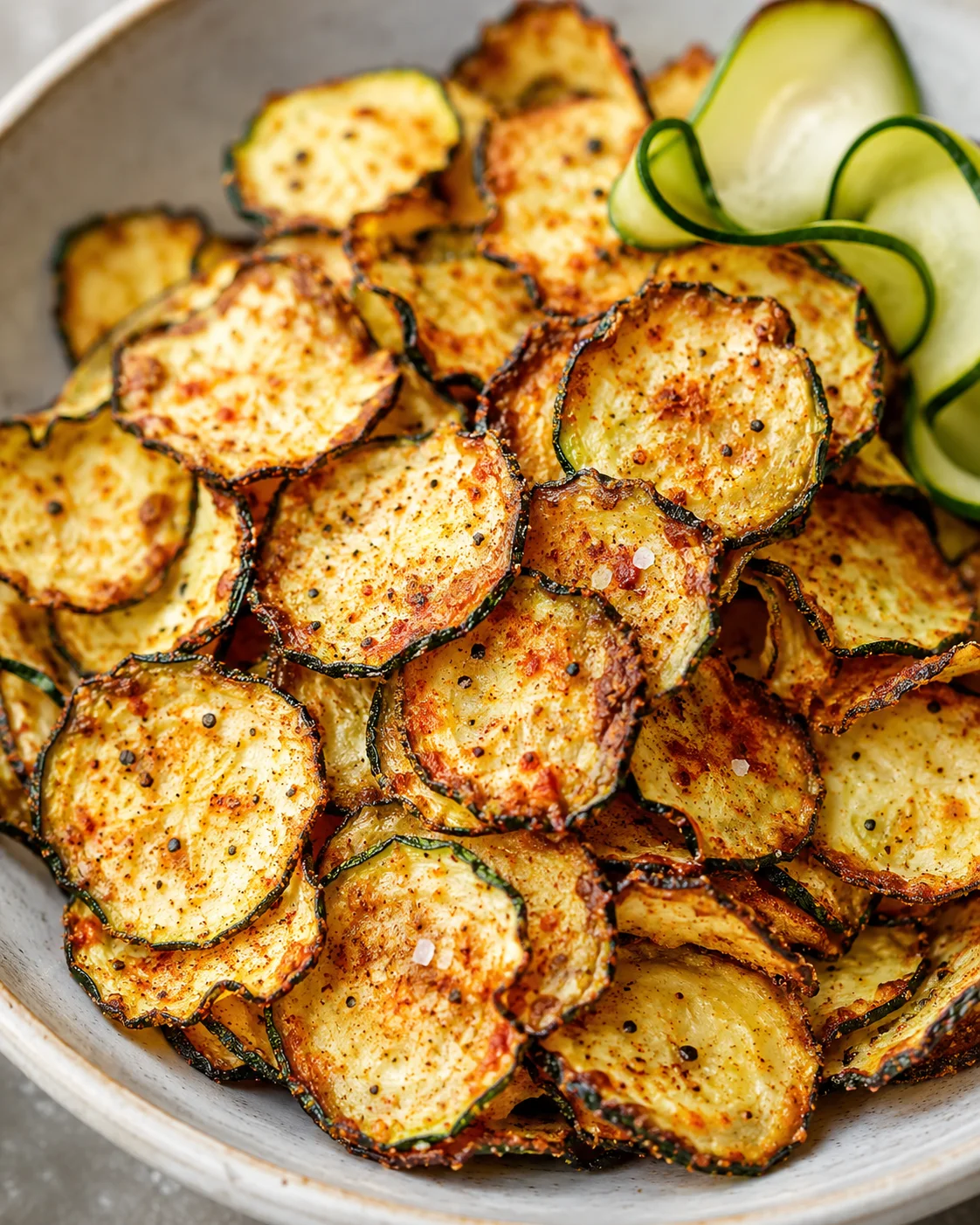bowl of crispy, spiced zucchini chips with zucchini ribbons on the side