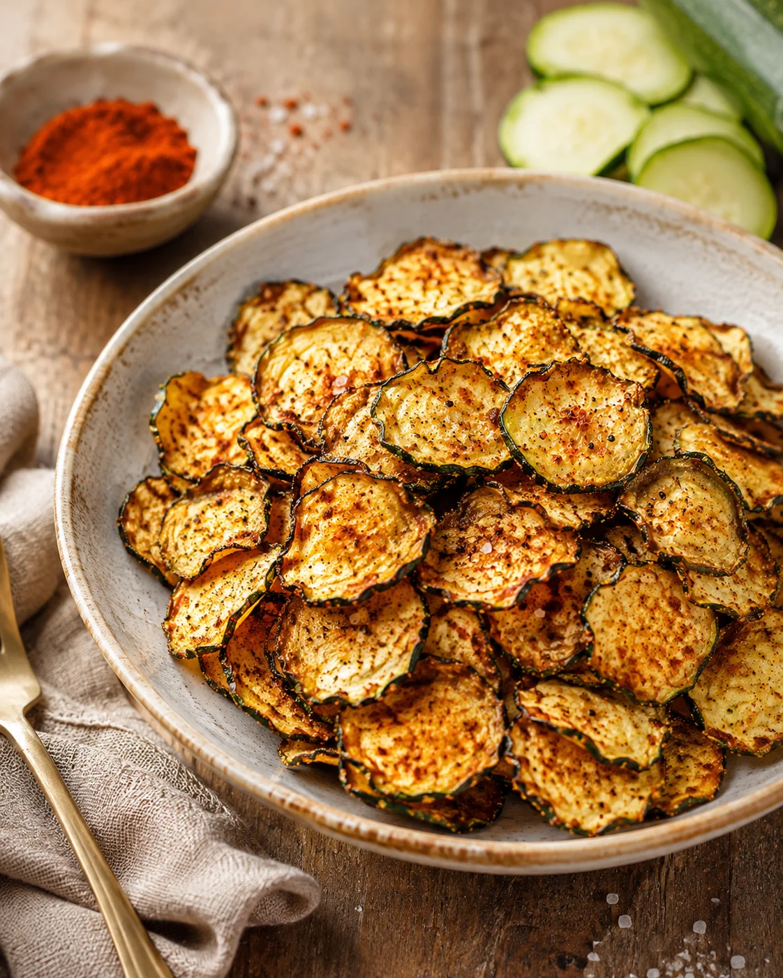 bowl of crispy roasted zucchini chips seasoned with spices on a rustic wooden table