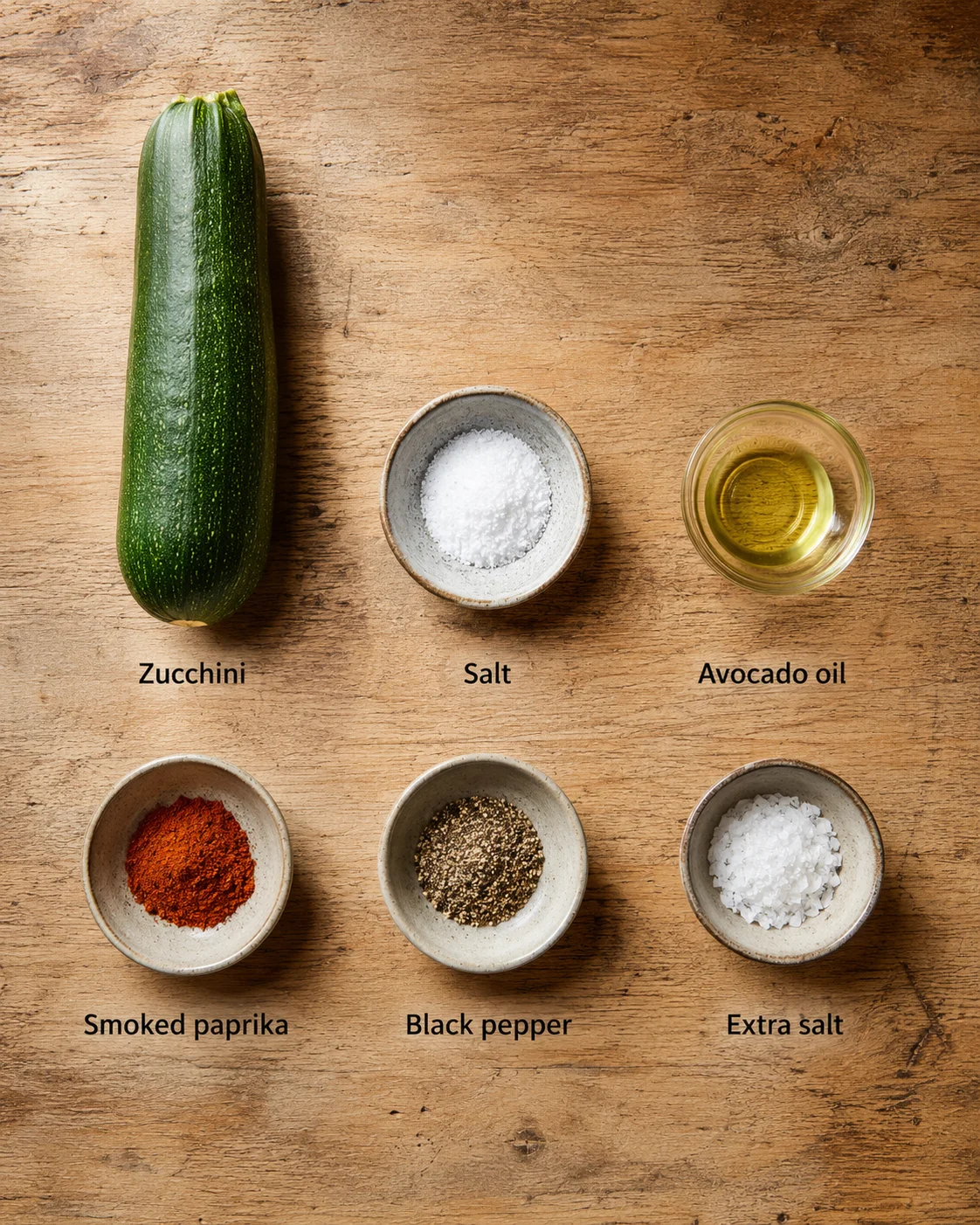 Flat lay of zucchini and spice bowls neatly arranged on a wooden board