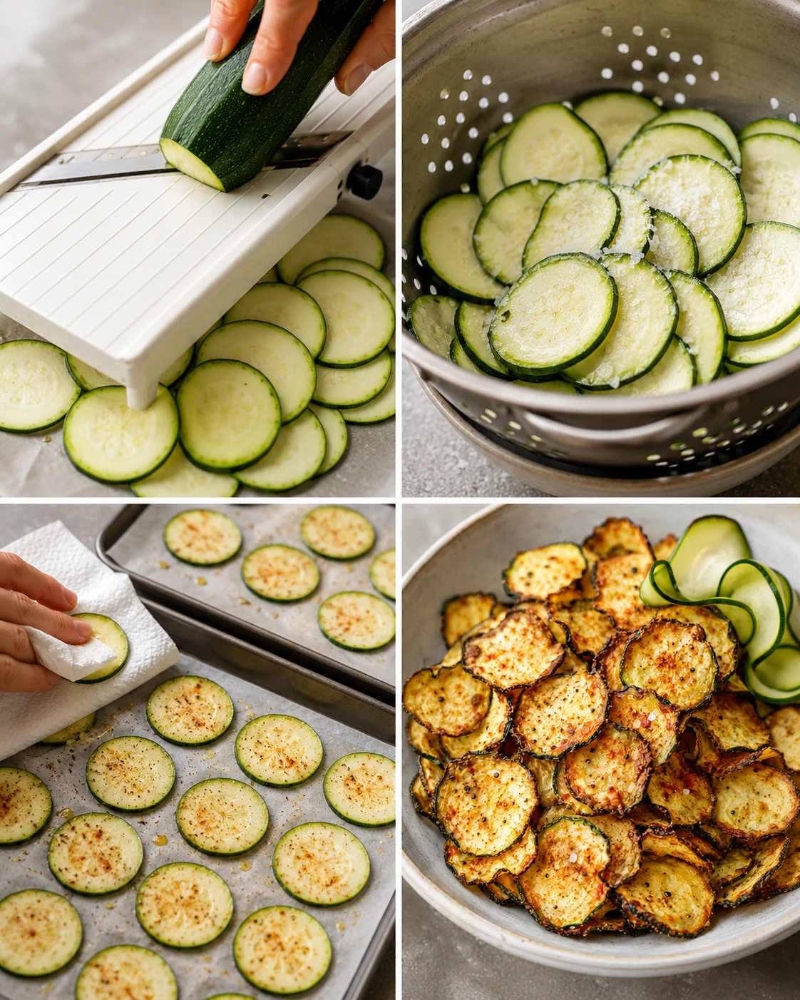 collage of zucchini being sliced, steamed, and baked into chips