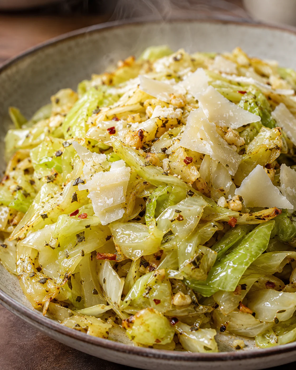 Close-up of garlic butter cabbage noodles with parmesan shavings