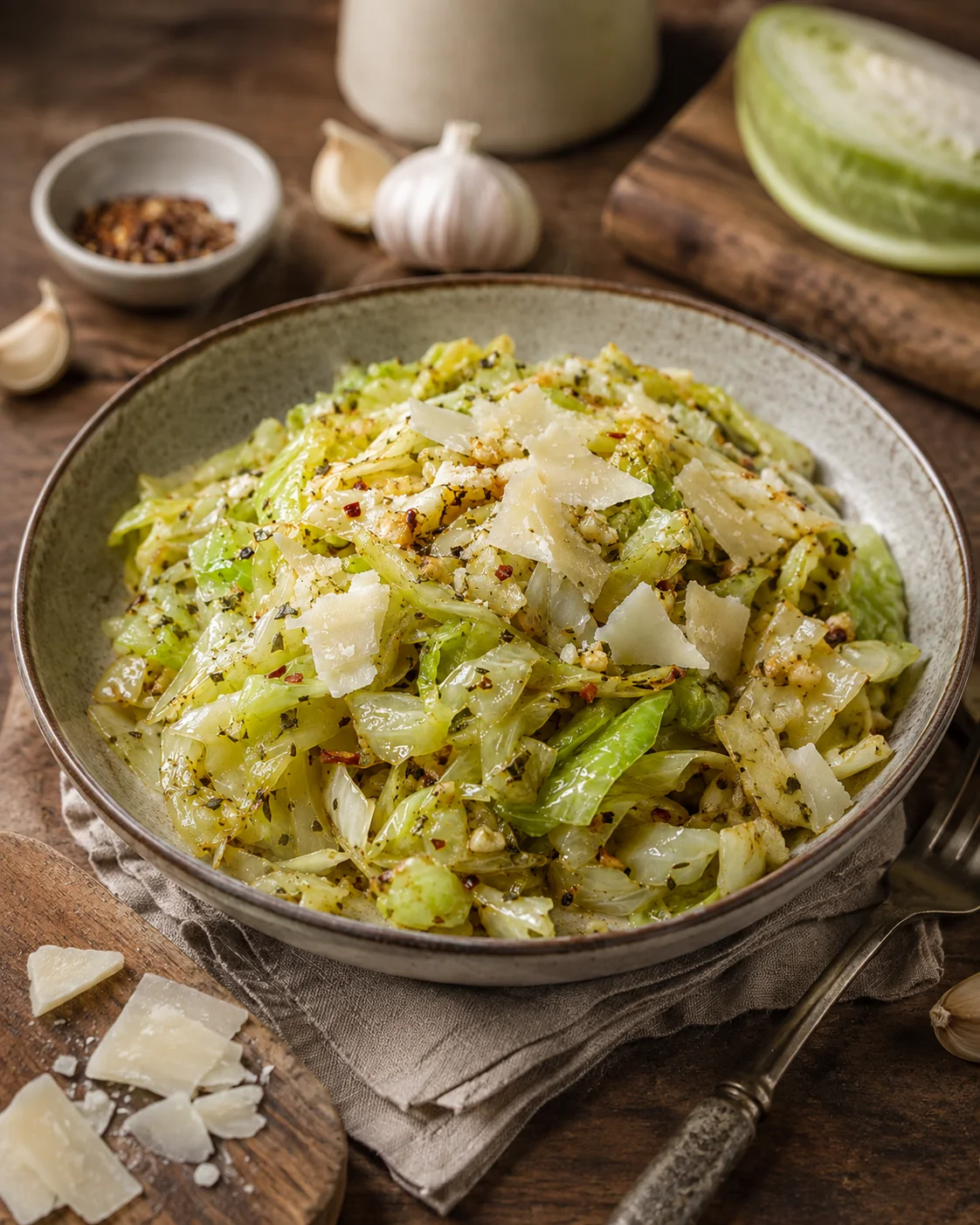 A bowl of sautéed cabbage topped with shaved parmesan on a rustic wooden table.