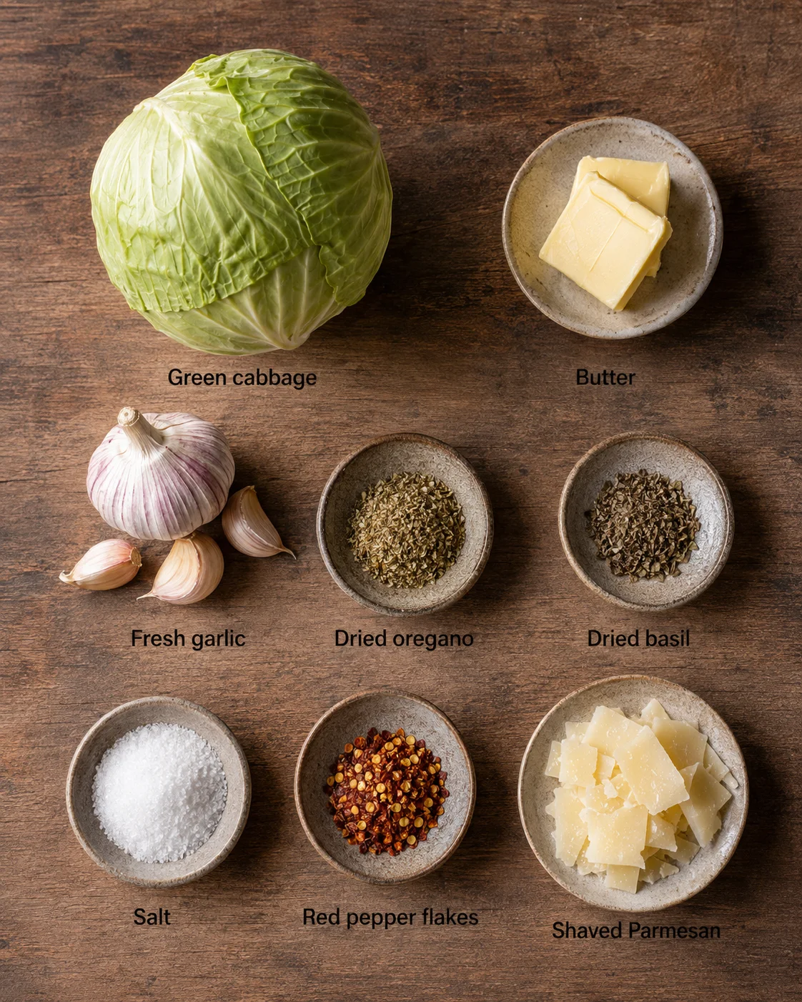 Top-down view of cabbage, butter, garlic, oregano, basil, salt, pepper flakes, and parmesan on a wooden board