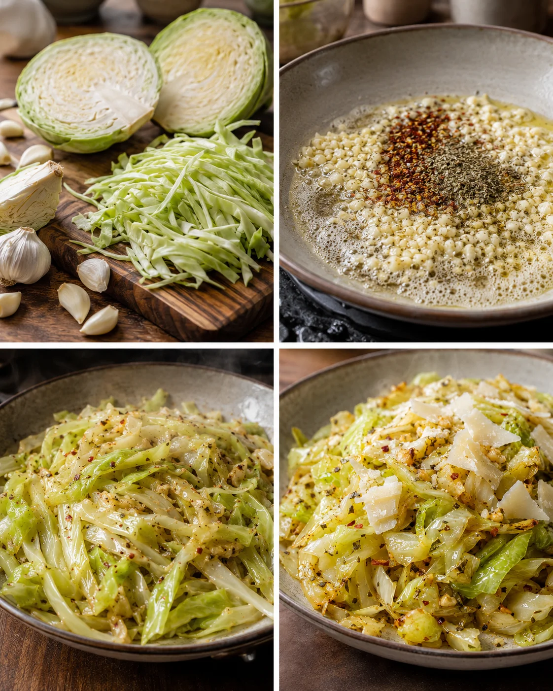 collage of cabbage ingredients, a pan with corn and spices, sautéed cabbage, and finished dish