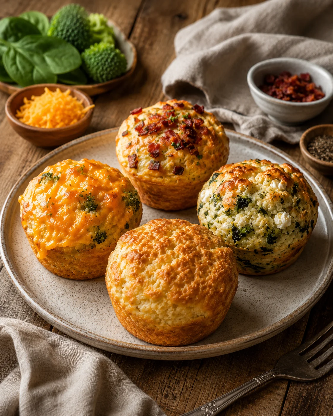 Delicious Keto Bread Variations Assorted keto bread muffins topped with cheese, bacon, and broccoli on a plate