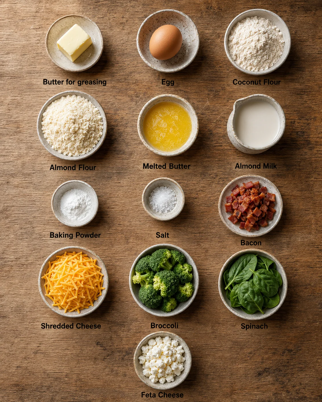 Keto Bread Ingredients Arrangement Arrangement of ingredients for keto bread including butter, eggs, flours, cheese, bacon, broccoli, and spinach on a wooden surface.