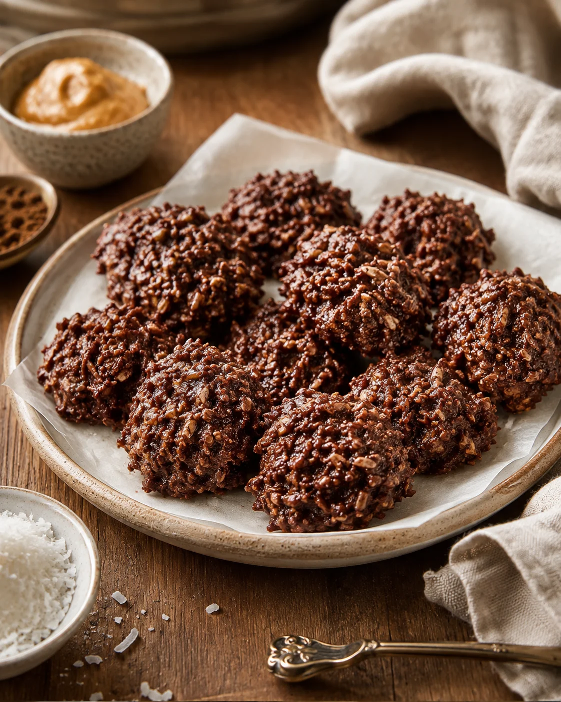 Plate of glossy chocolate-oat bites on parchment, with coconut, peanut butter, and cocoa nearby.