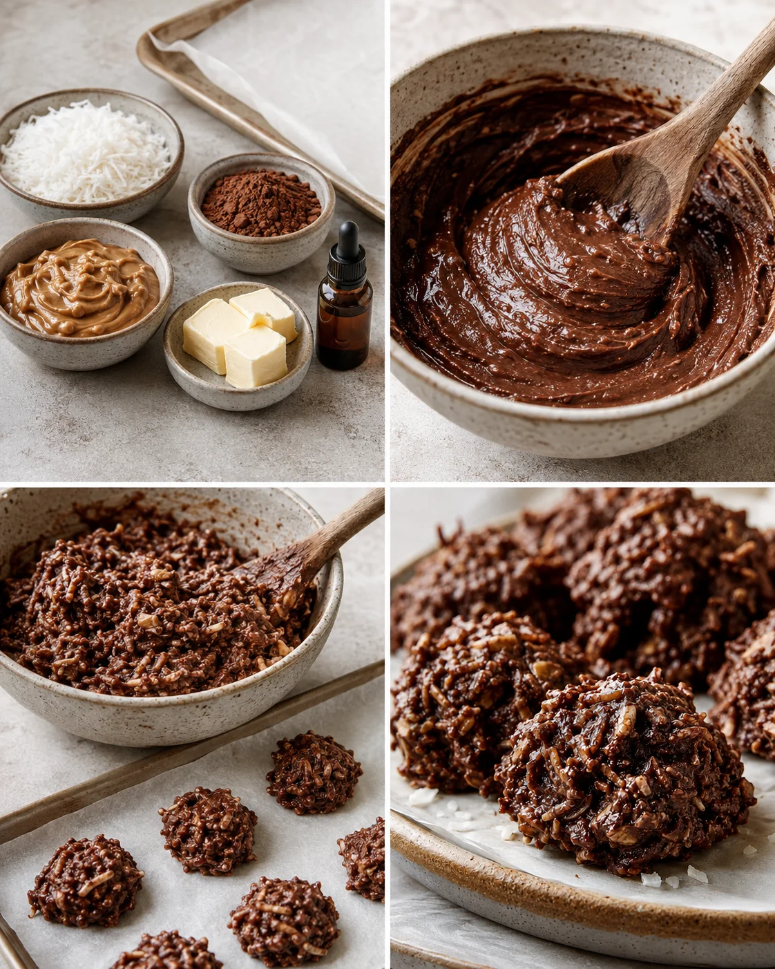 Step-by-step images of mixing ingredients and forming keto cookies