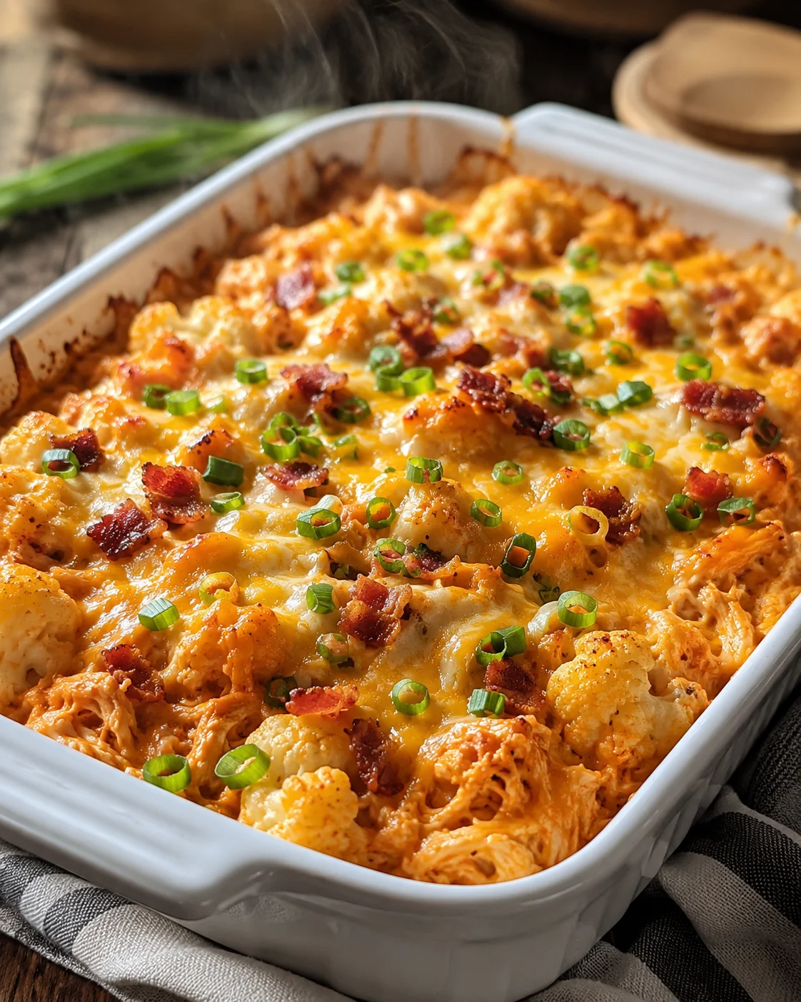 hot baked cheesy pasta bake with cauliflower, bacon, and green onions in a white baking dish