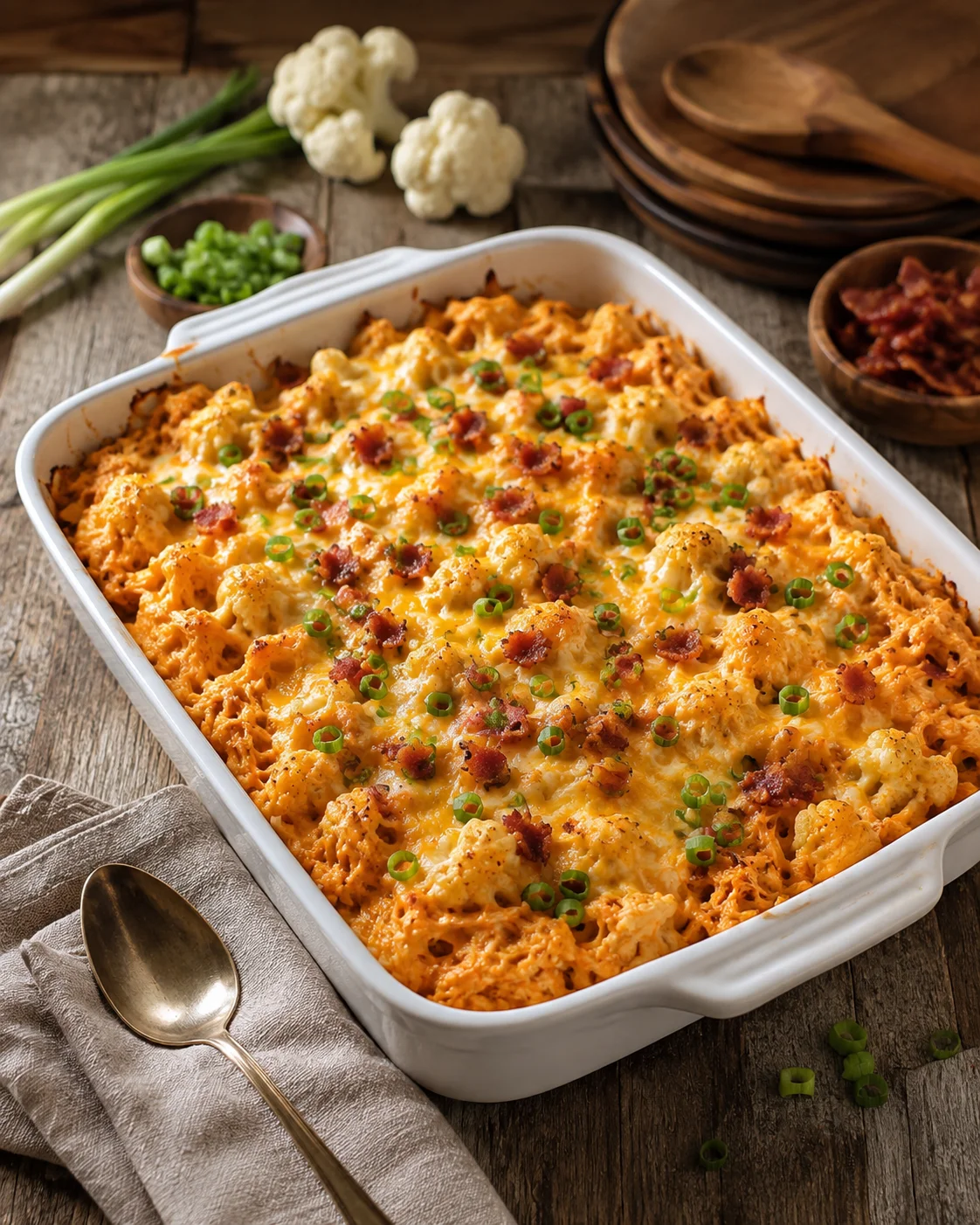 white baking dish of golden cheesy cauliflower casserole topped with bacon and green onions on a rustic wooden table