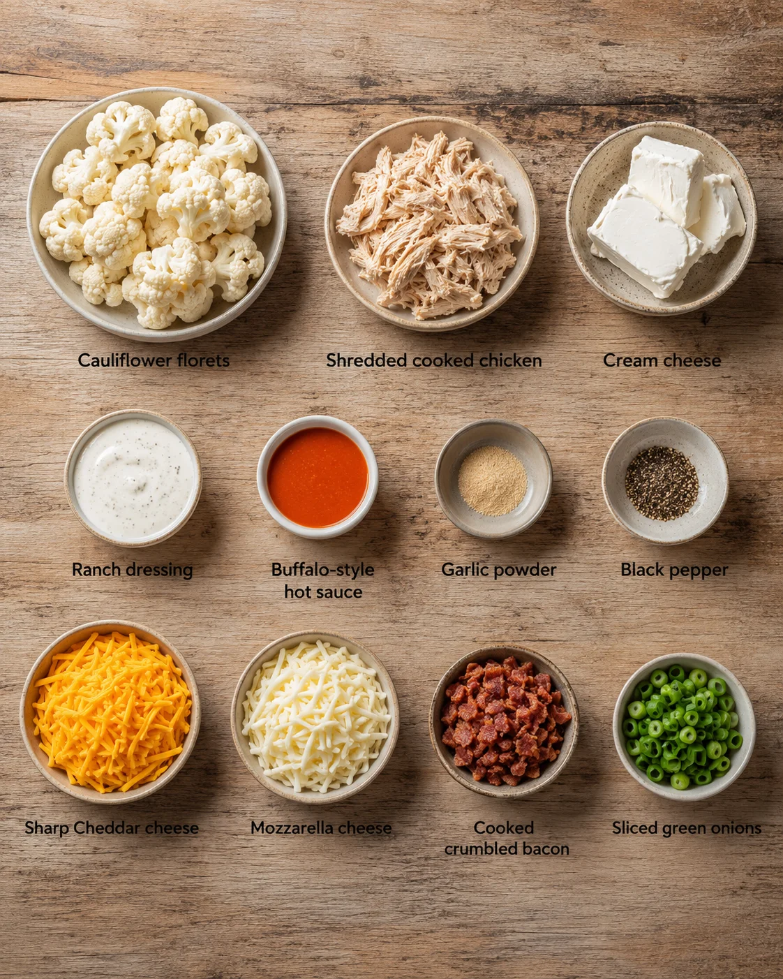 Overhead view of bowls with cauliflower, shredded chicken, cheeses, and dipping ingredients arranged on a wooden table.