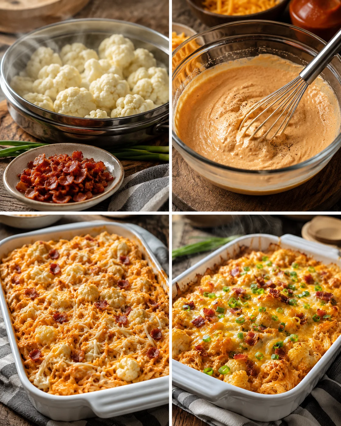 collage showing cauliflower florets, crispy bacon, cheese sauce in a whisking bowl, and two baked cheesy casseroles