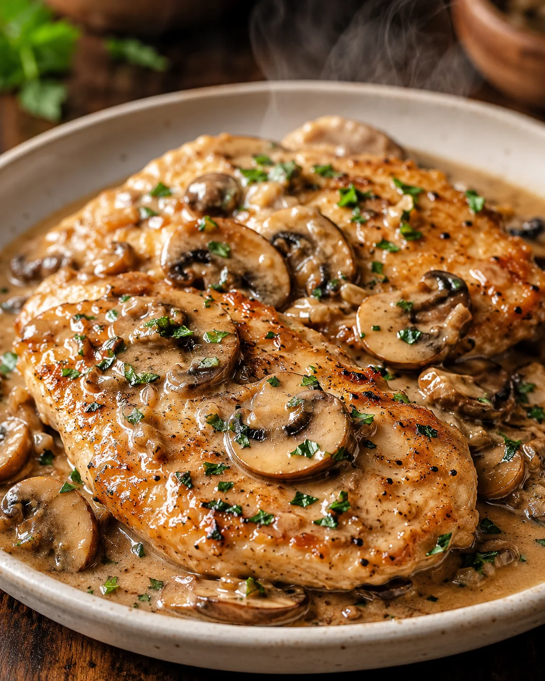 golden seared chicken in creamy mushroom sauce with sliced mushrooms and parsley