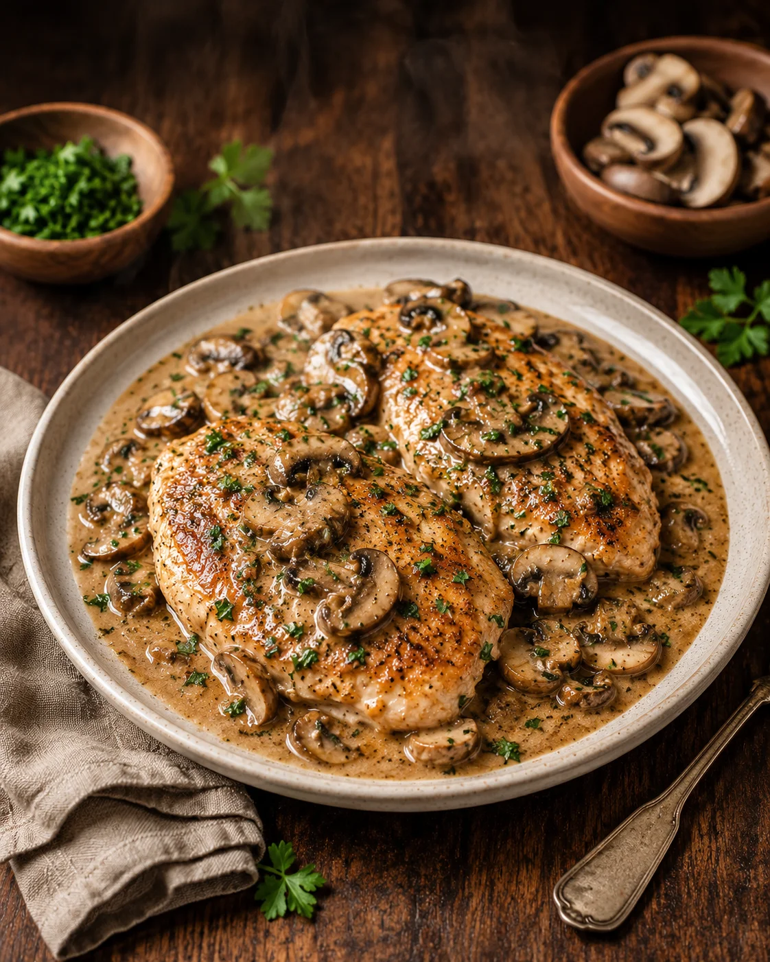 Two seared chicken breasts in creamy mushroom sauce, topped with mushroom slices and parsley, on a beige plate.