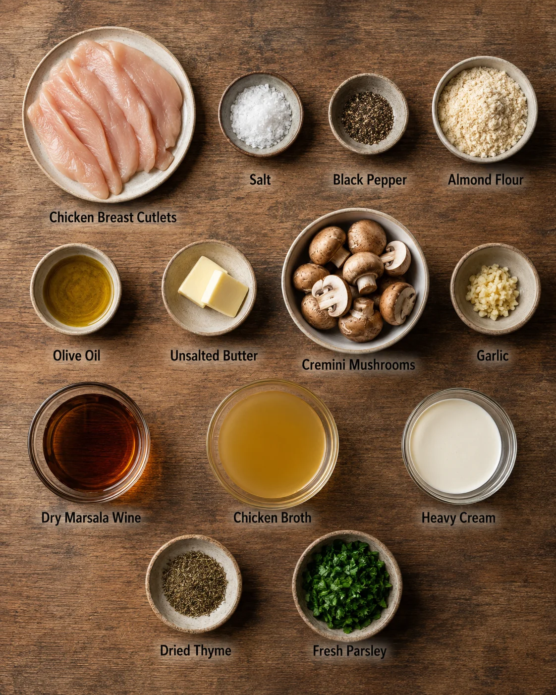 top-down view of chicken breast cutlets with bowls of seasonings and ingredients for a recipe