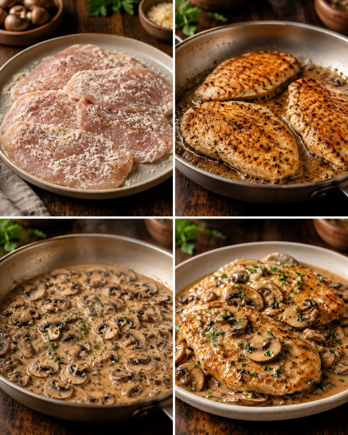 four-panel collage showing raw chicken, seared chicken, mushroom sauce, and plated chicken dish.