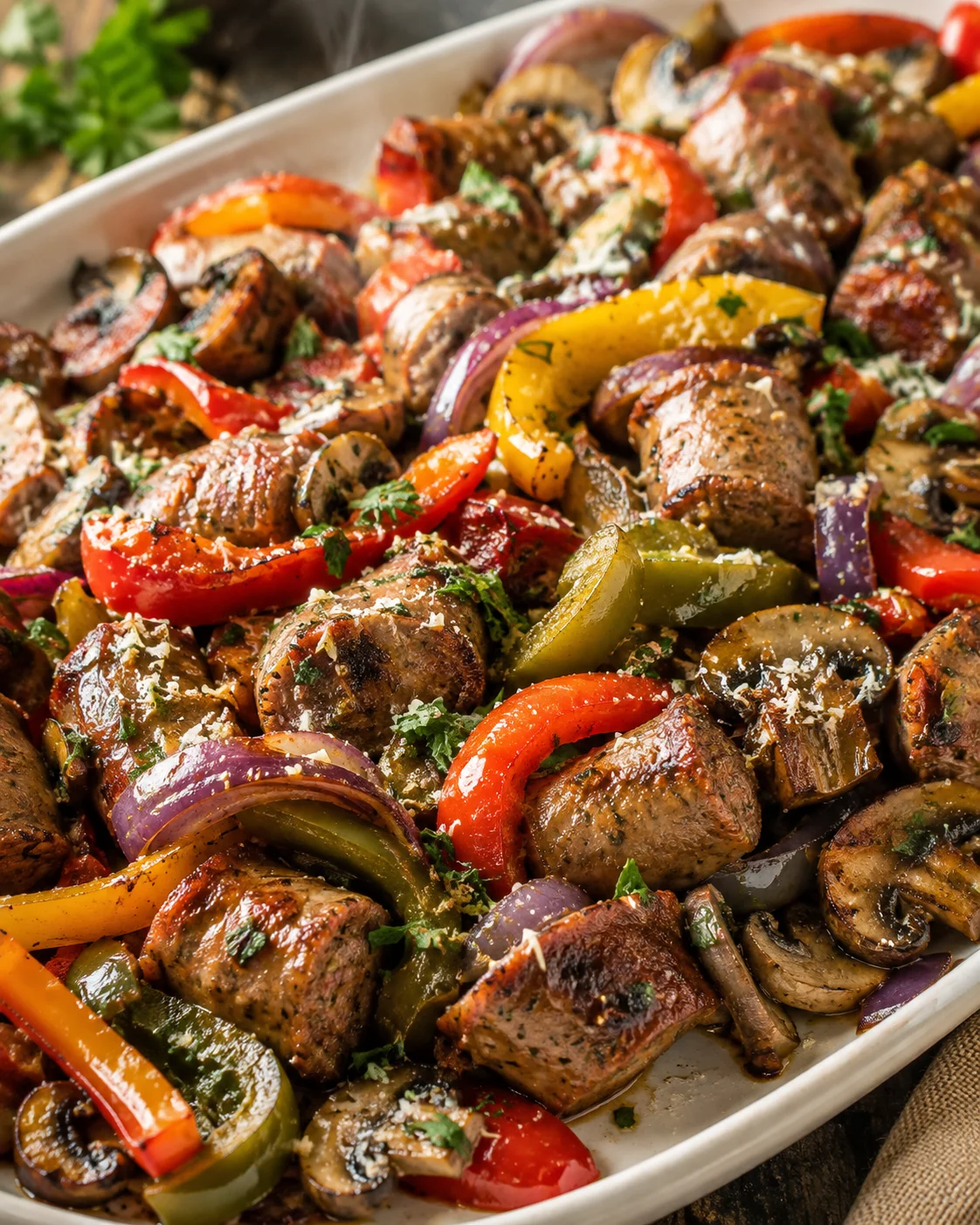 Tray of browned sausage, peppers, onions, mushrooms and herbs in a rustic one-pan dish