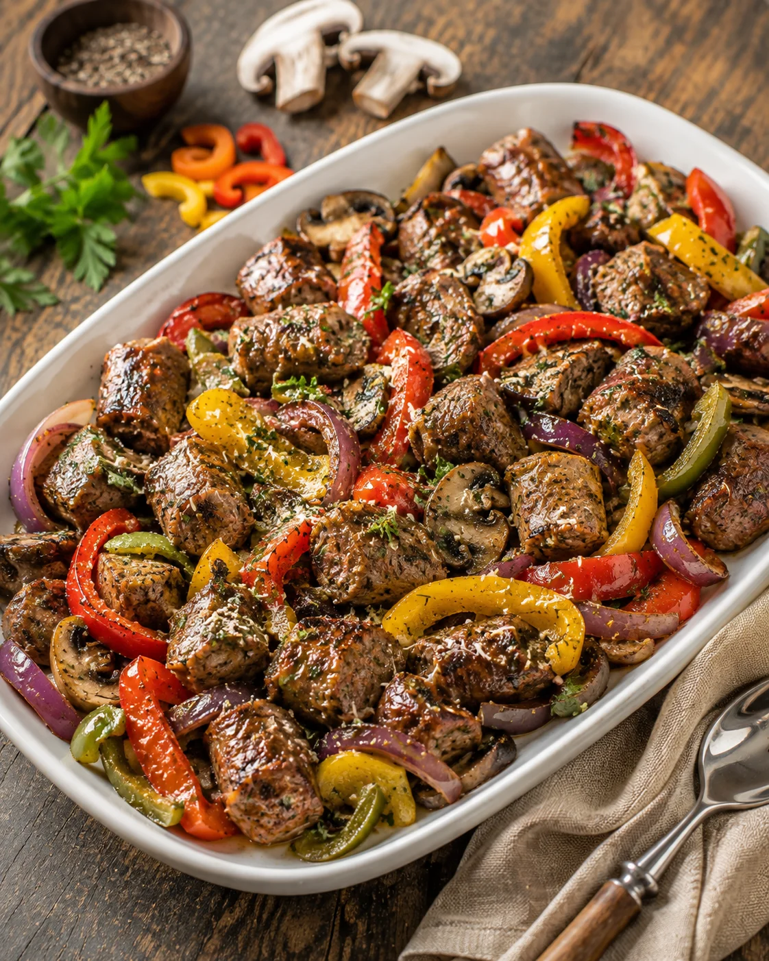 brown beef chunks with red, yellow, and green peppers in a white baking dish on a rustic wooden table