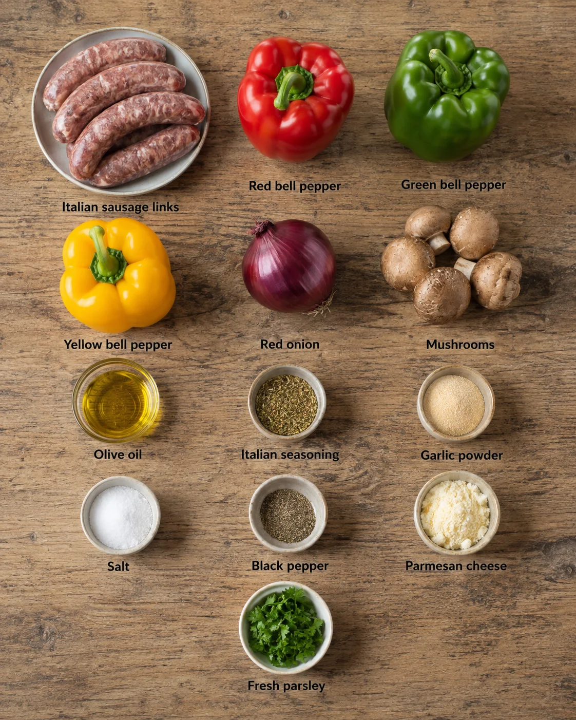 Overhead shot of sausages, peppers, onion, mushrooms, and spices arranged in a grid on a wooden surface with labels.