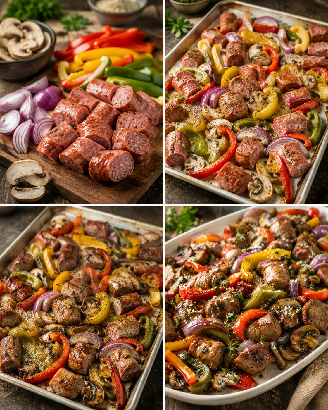 collage of raw sausage chunks, colorful peppers and onions, and roasted sausage dishes on baking trays