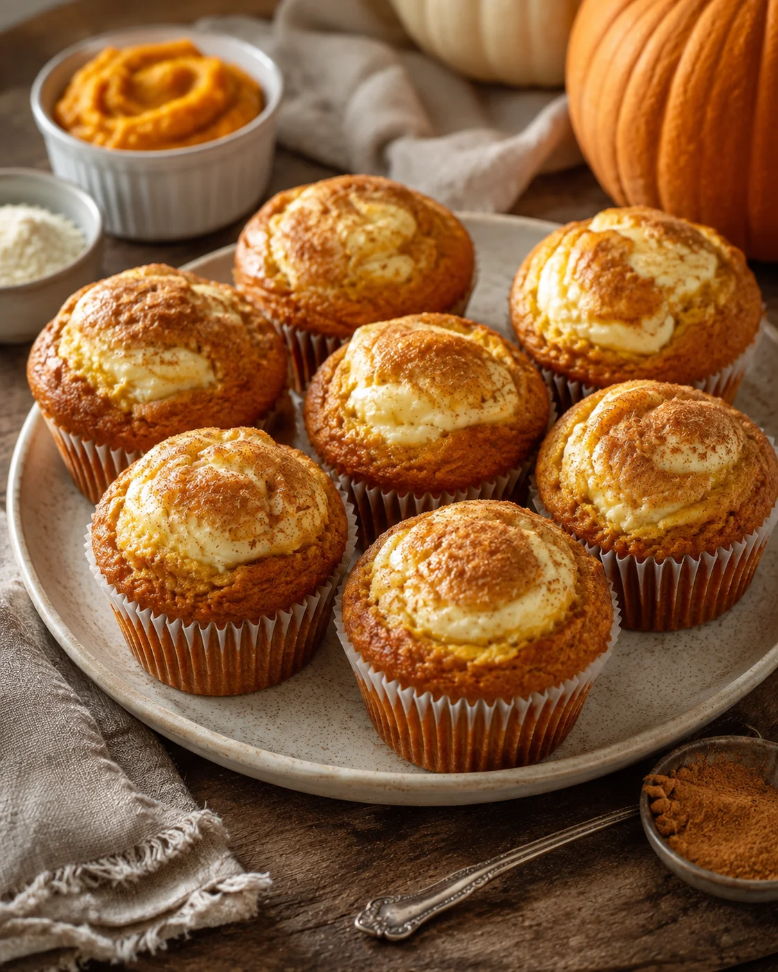 Delicious keto pumpkin muffins with creamy cheese centers on a rustic plate