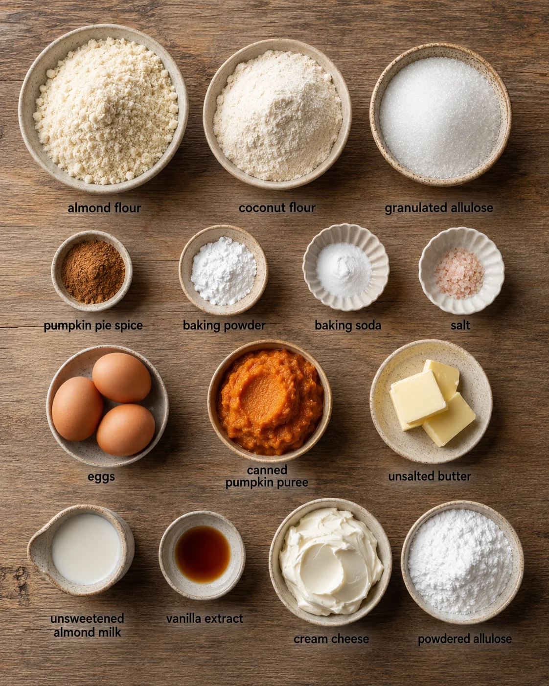 Overhead view of labeled baking ingredients arranged on a wooden table.