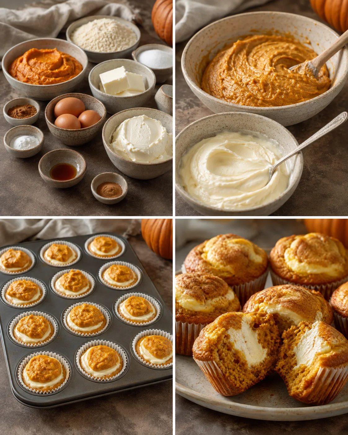 collage showing ingredients, batter mixing, and finished pumpkin muffins with cream cheese frosting
