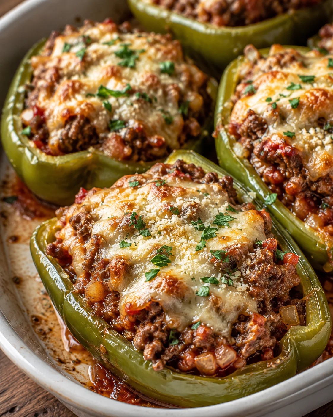 Green bell pepper halves stuffed with beef, cheese, and herbs, baked until bubbly in a shallow pan.