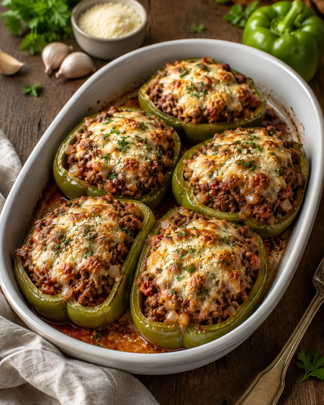 Six halved green bell peppers stuffed with meat and cheese, baked in a white oval dish on a rustic table.