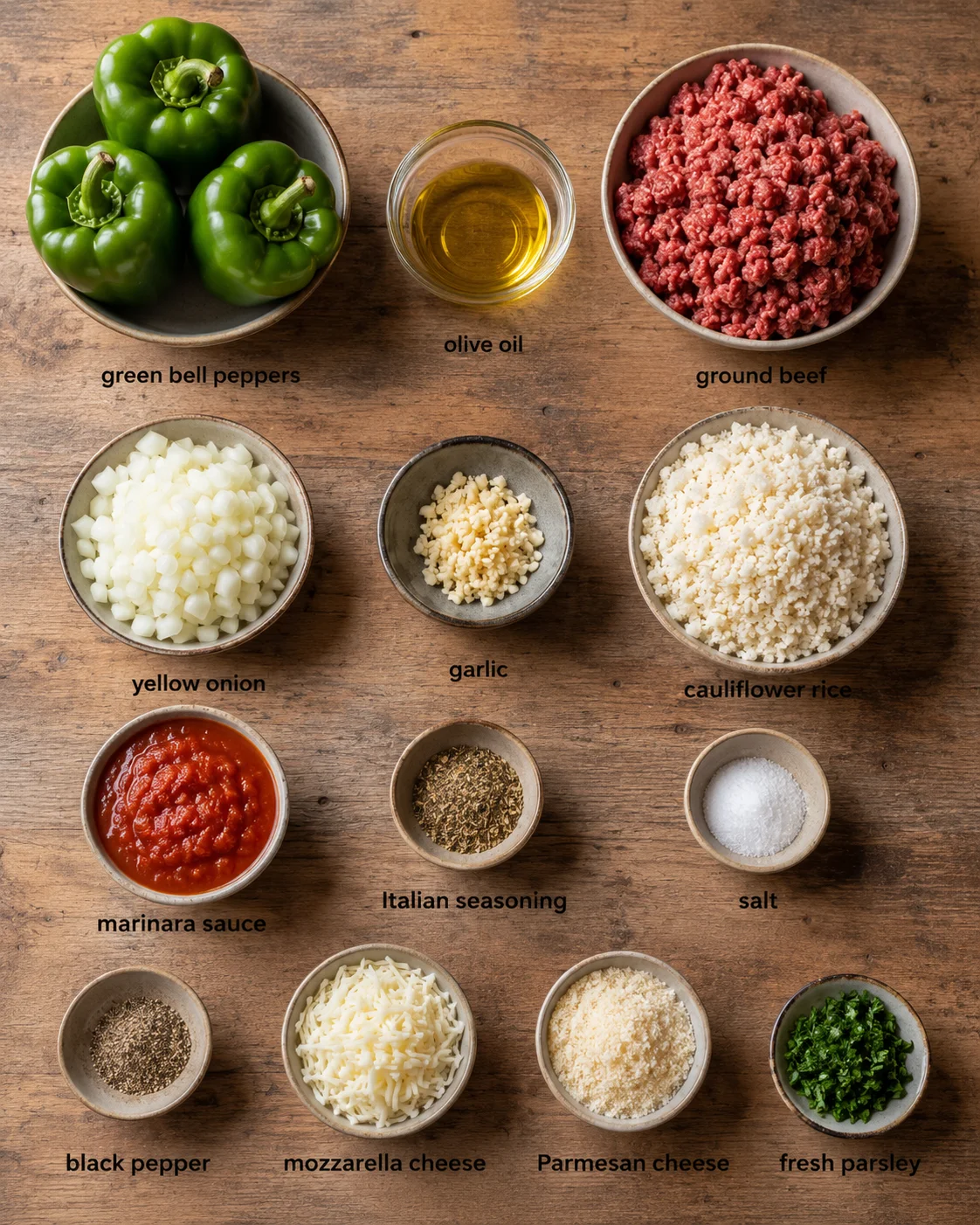 Top-down view of a wooden table with bowls of peppers, beef, onions, garlic, cauliflower rice, cheeses, and herbs arranged in a grid.