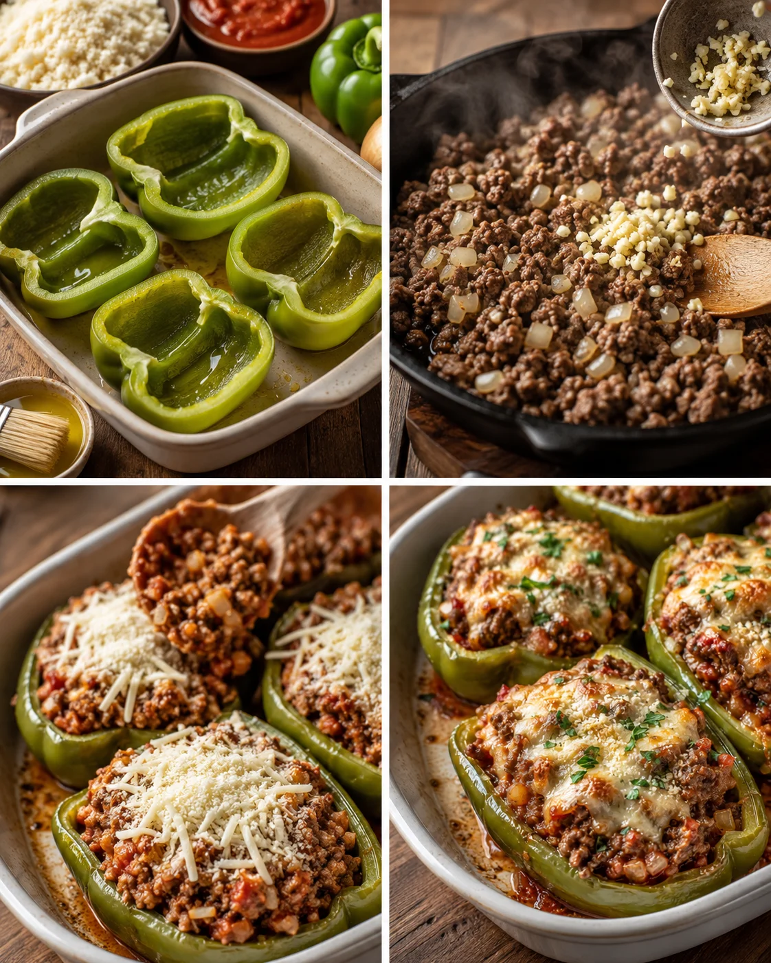 Collage of hollow green bell peppers, beef filling, and baked stuffed peppers.