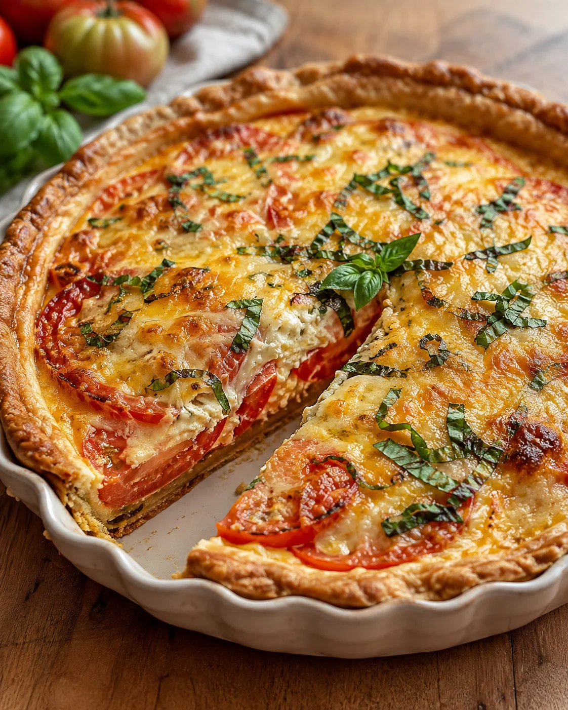 Golden-brown quiche topped with tomatoes and basil on a wooden table