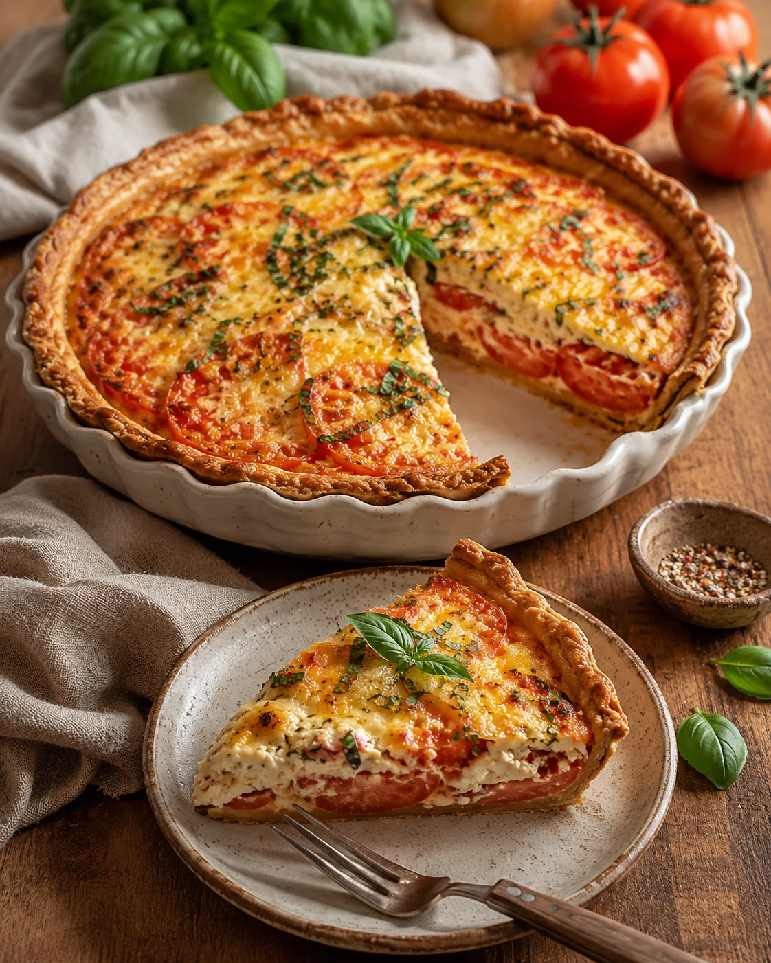 Tomato-cheese quiche in a fluted pan, slice removed, basil garnish, tomatoes in background