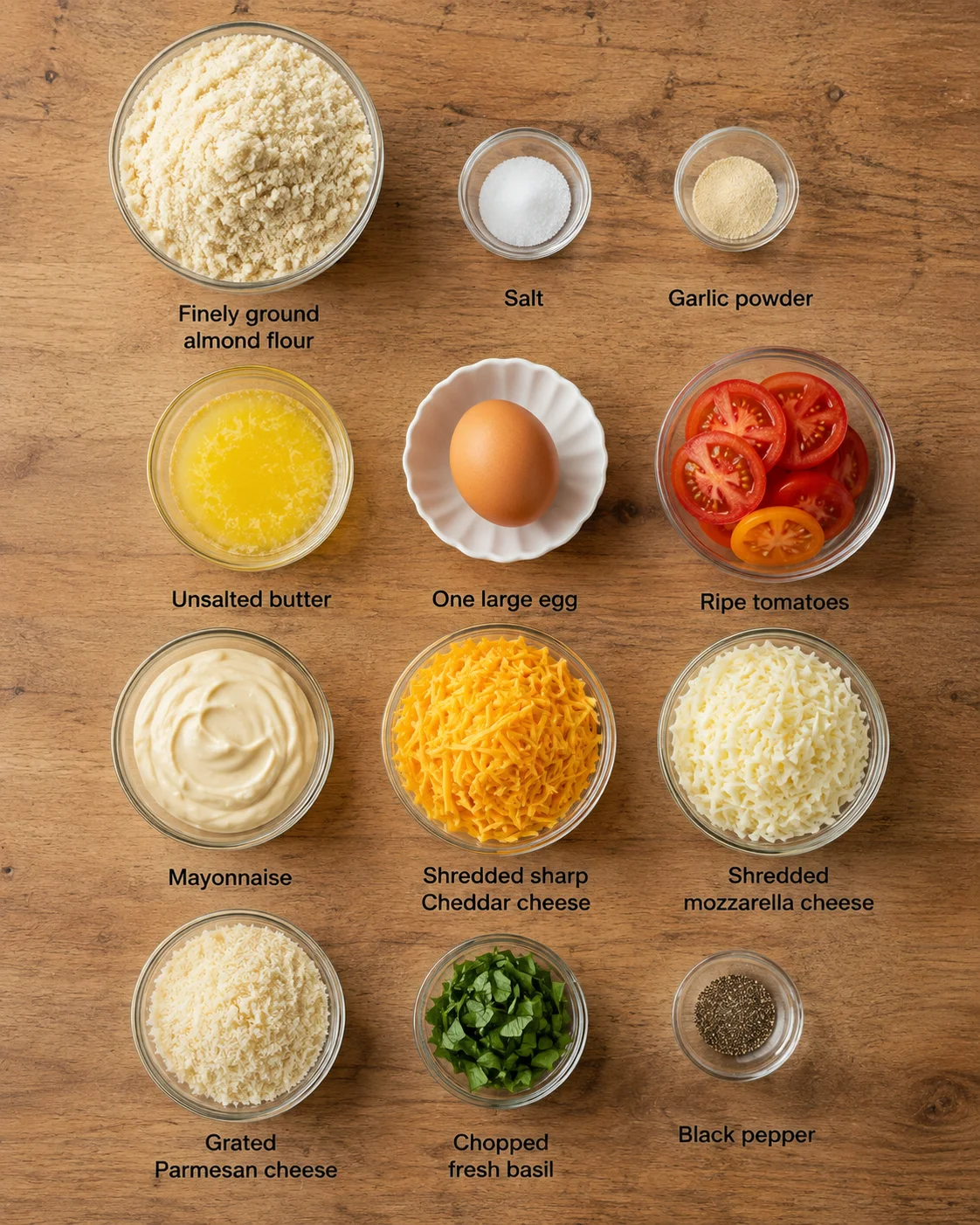 overhead view of a wooden countertop with bowls of almond flour, salt, garlic powder, butter, egg, tomatoes, cheeses, and basil