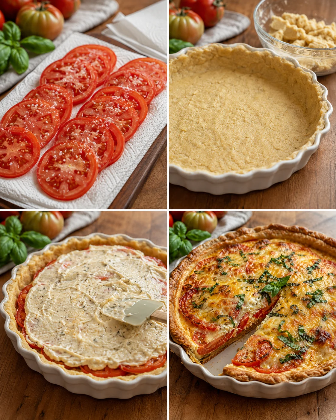Four-panel collage showing tomato slices, raw crust, assembled tart, and finished bake.