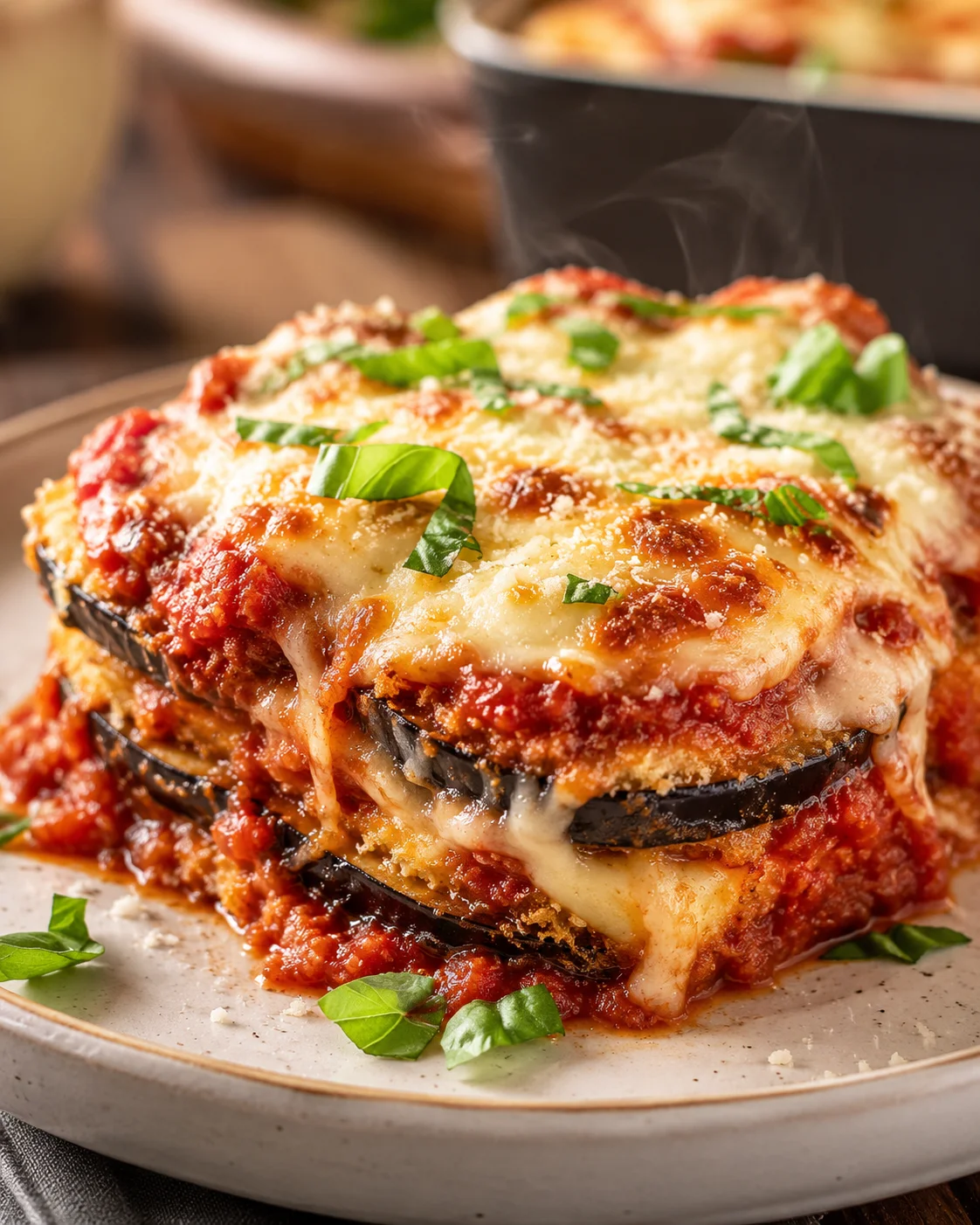 Keto Eggplant Parmesan Bake Close-up of a crispy, cheesy eggplant Parmesan with melted cheese and fresh basil.