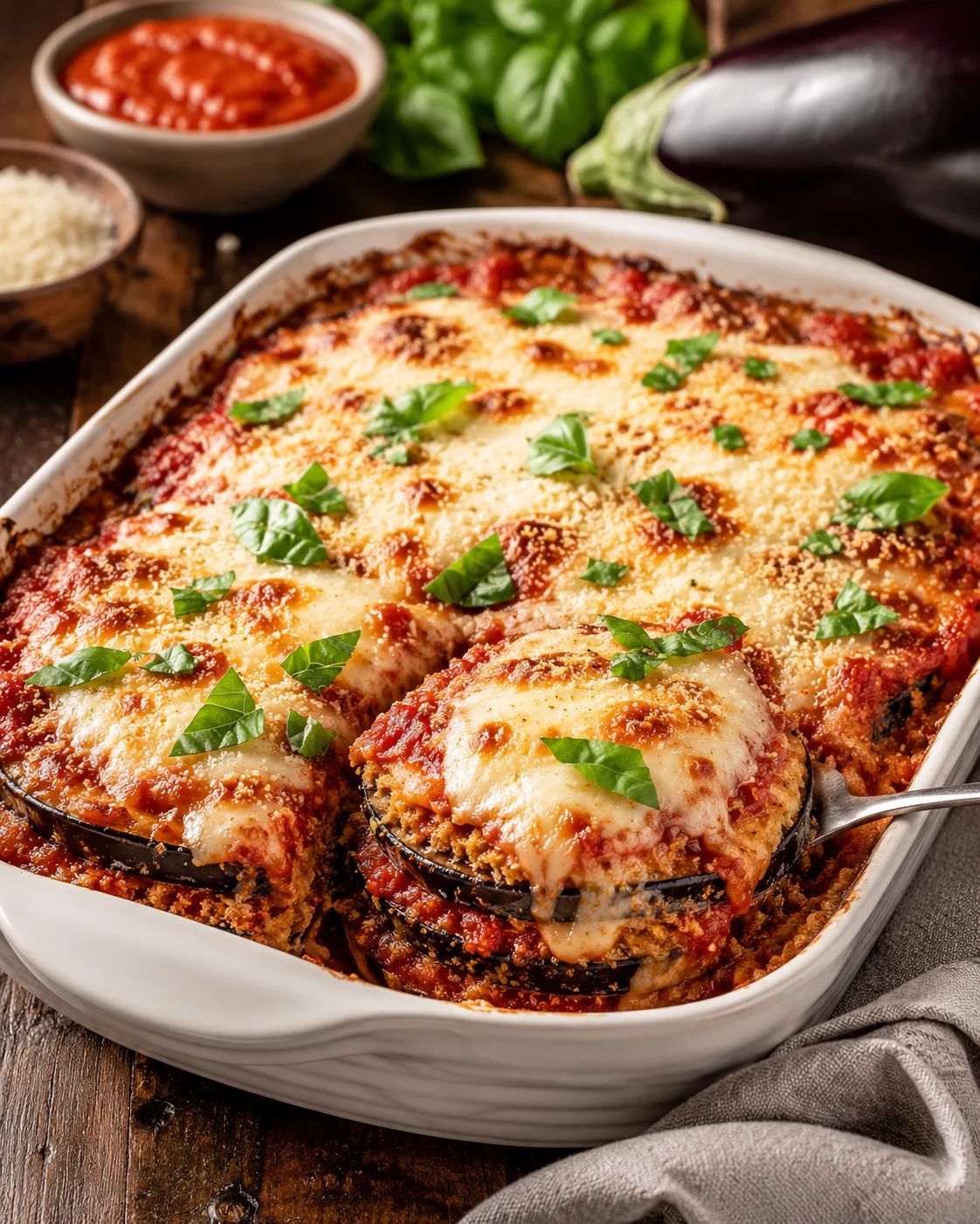 Cheesy baked lasagna with eggplant slices and fresh basil on a white baking dish
