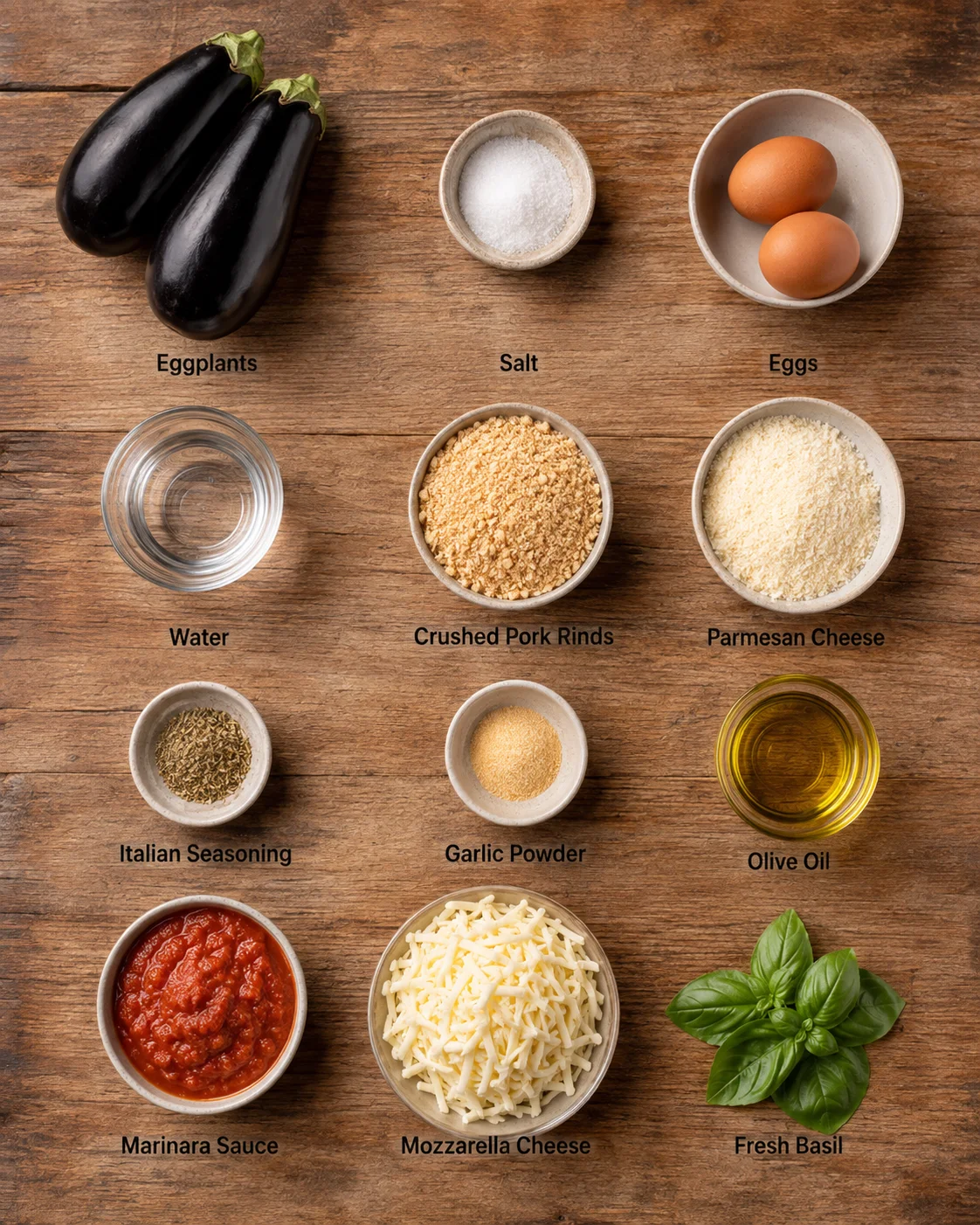 Top-down view of ingredients for eggplant parmesan laid out on a wooden table.