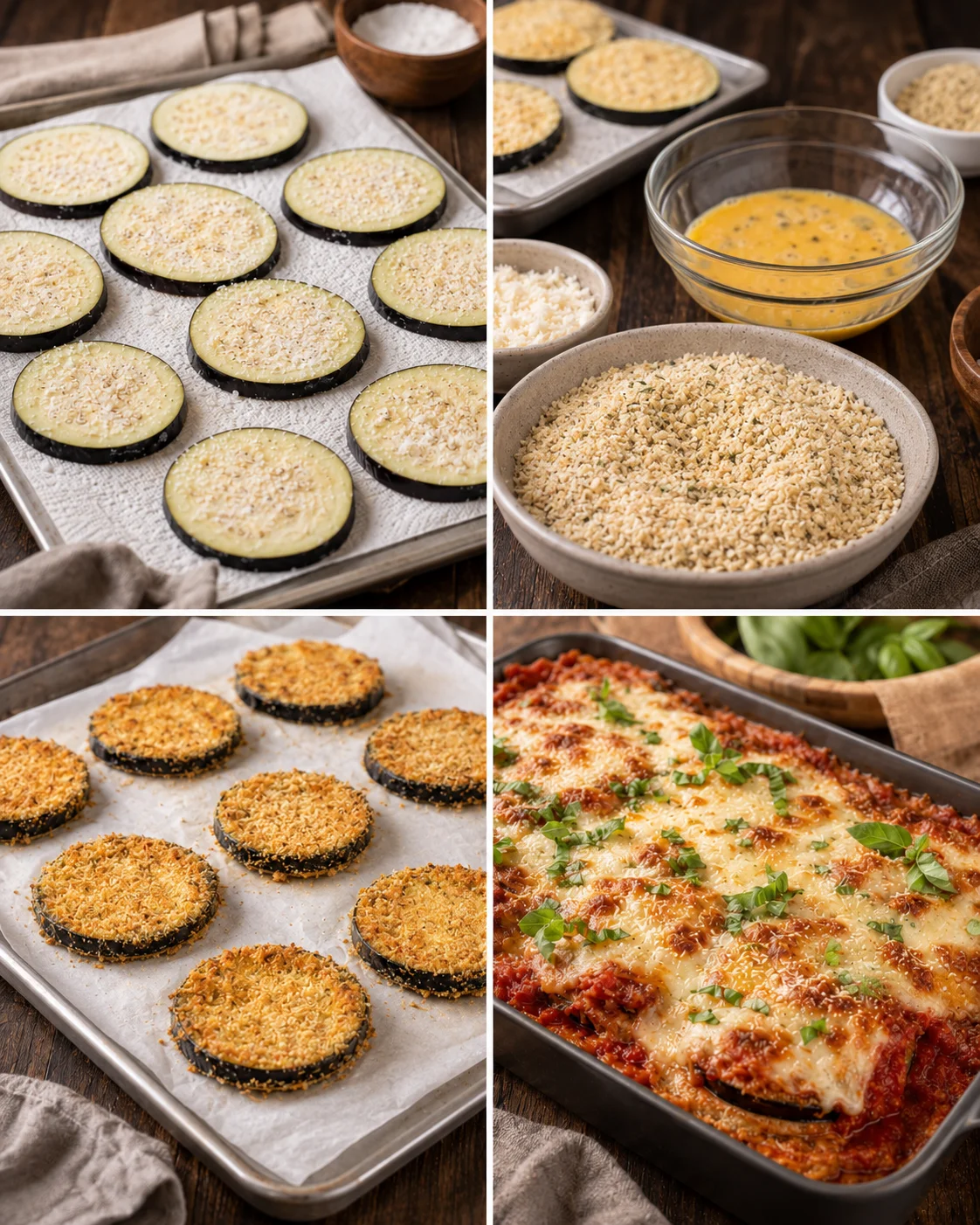 collage of eggplant parmesan prep: breaded slices and a cheesy baked dish