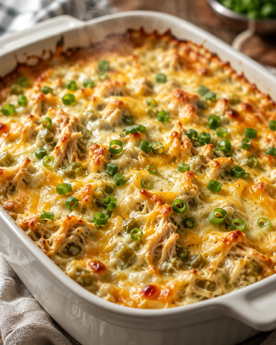 Creamy cheesy chicken casserole in a white baking dish, topped with sliced green onions.